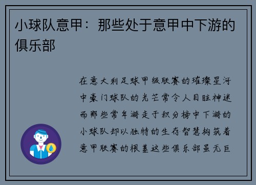 小球队意甲：那些处于意甲中下游的俱乐部