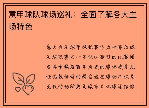 意甲球队球场巡礼:全面了解各大主场特色